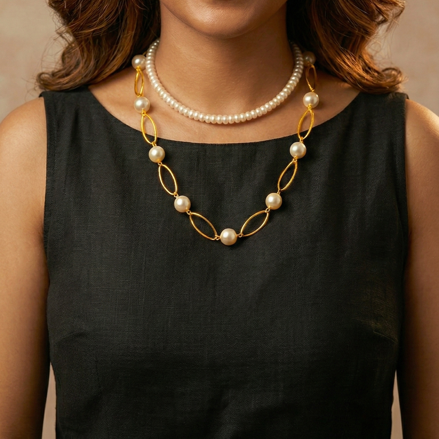 Woman wearing a black sleeveless top and pearl necklace against a beige background