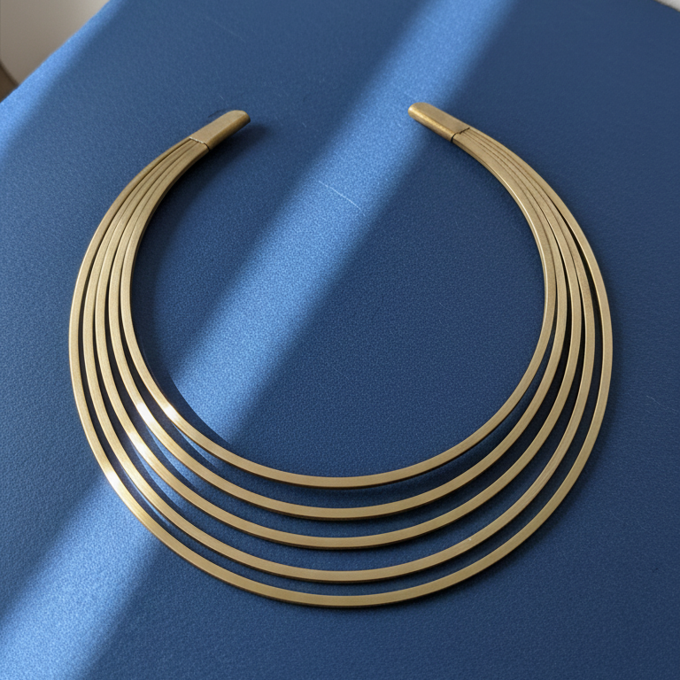 Gold hasli necklace on a blue surface