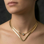Close-up of a person wearing Layered gold necklace , showcasing its delicate design and elegant drape.