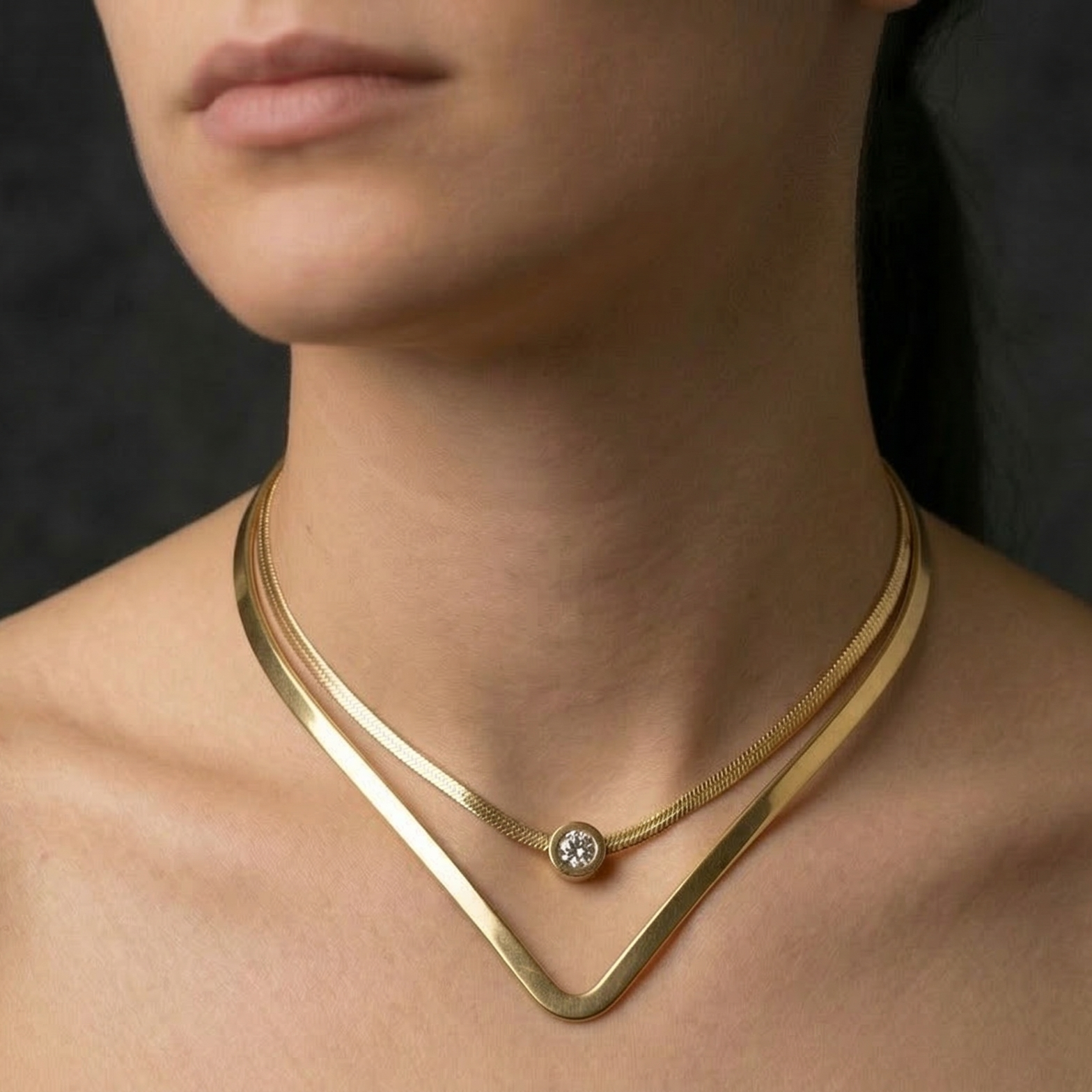 Close-up of a person wearing Layered gold necklace , showcasing its delicate design and elegant drape.