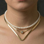 Close-up of a person wearing three-layer necklace stack with anti-tarnish finish, suitable for daily wear.
