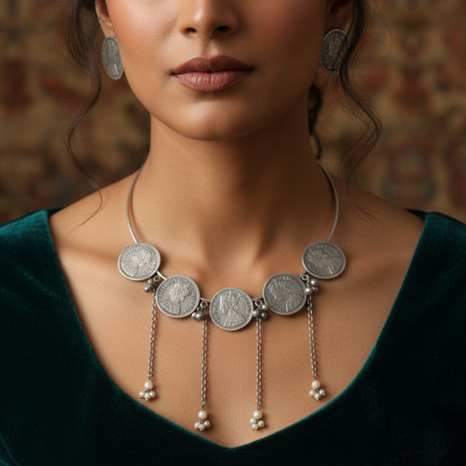 Silver hasli necklace with coin-like pendants worn by a person against a blurred background