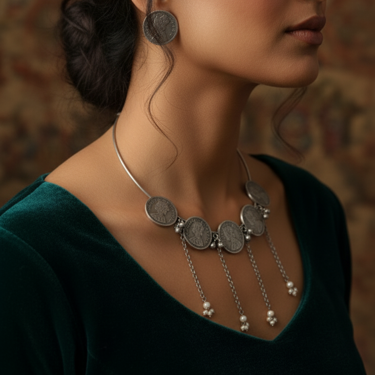 Silver hasli necklace with coin-like pendants and similar earrings