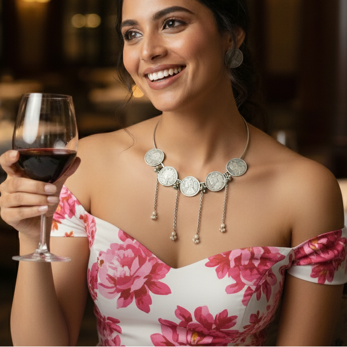 Woman in a floral dress wearing a handcrafted oxidised hasli coin necklace set for women, perfect for office and weekend.