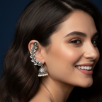 Woman wearing a decorative Oxidized silver jhumki earcuffs with intricate detailing