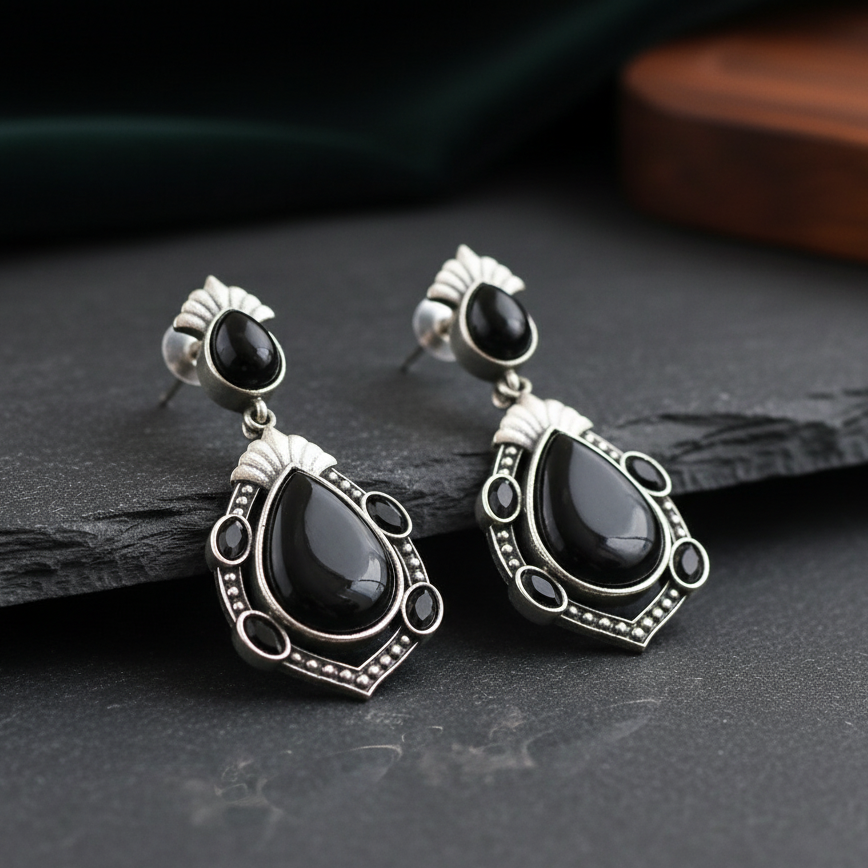 Black Stone Oxidized Silver Teardrop Earrings
