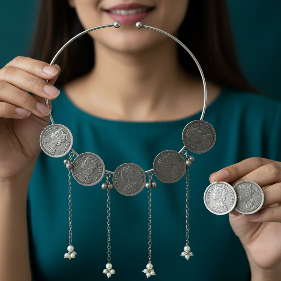 Woman holding a necklace with coin pendants against a dark background