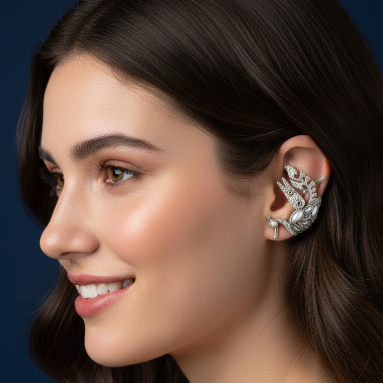 Woman wearing a Peacock Earcuffs 