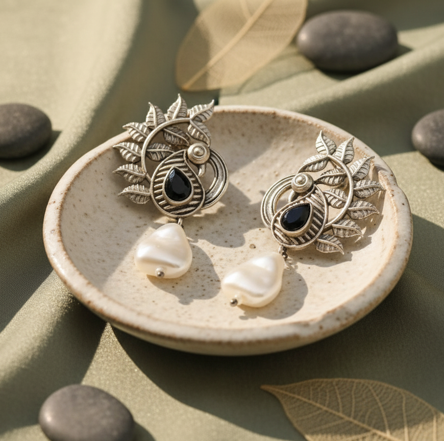 Peacock design pearl drop oxidised earrings