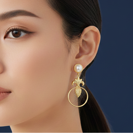 Close-up of a woman wearing elegant pearl gold drop earrings.