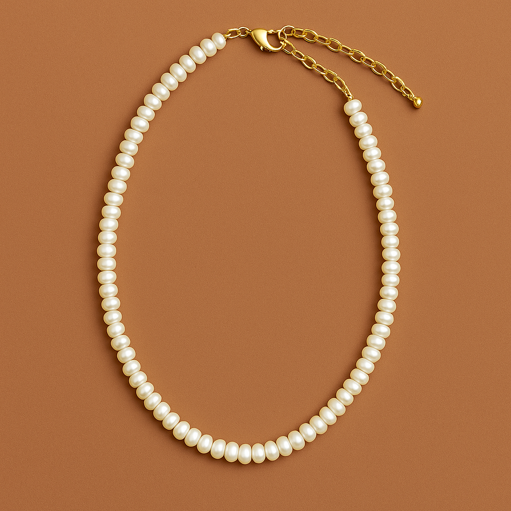 Pearl necklace with gold clasp on a brown background