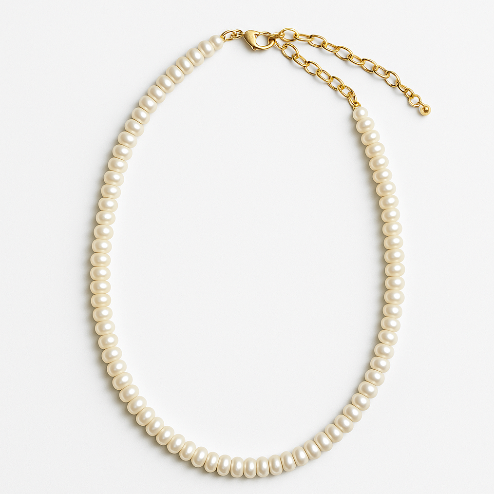 Pearl necklace with gold clasp on a white background