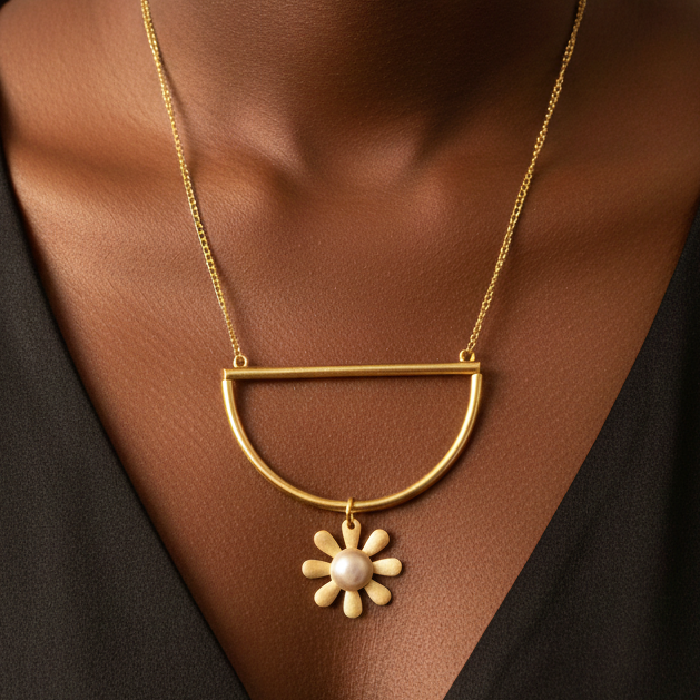 A woman wearing an elegant minimalist gold pearl pendant necklace.e and weekend.