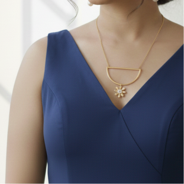 Woman wearing a blue dress with gold pearl minimal pendant .