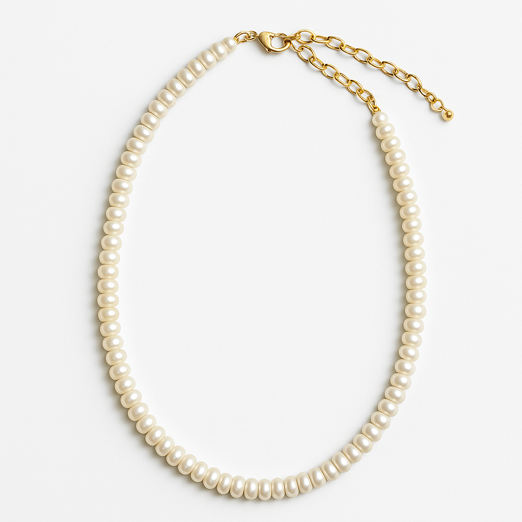 Pearl necklace with adjustable gold clasp that helps adjust the length of necklace.