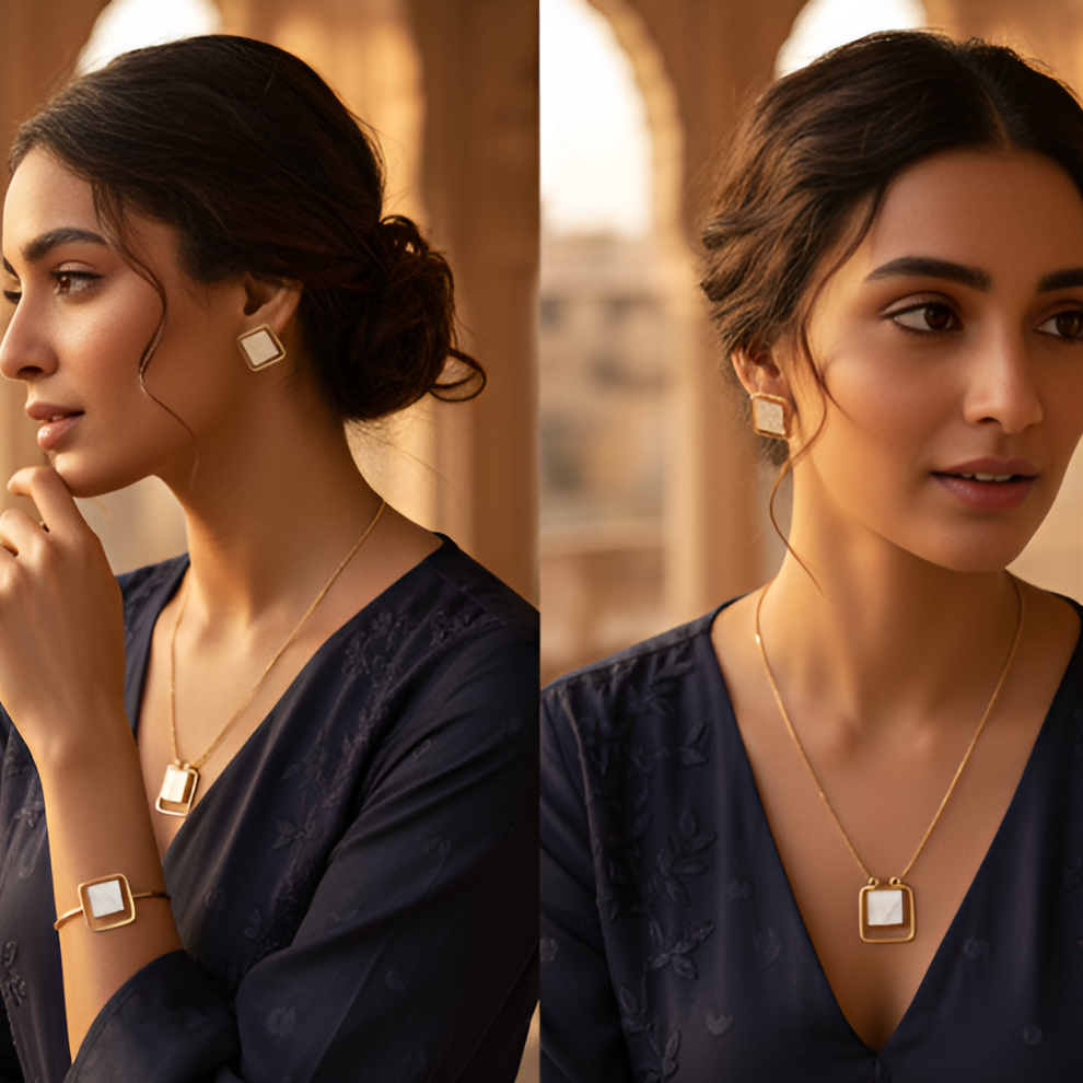 Woman wearing gold jewelry including earrings, necklace, and bracelet against a warm-toned background.