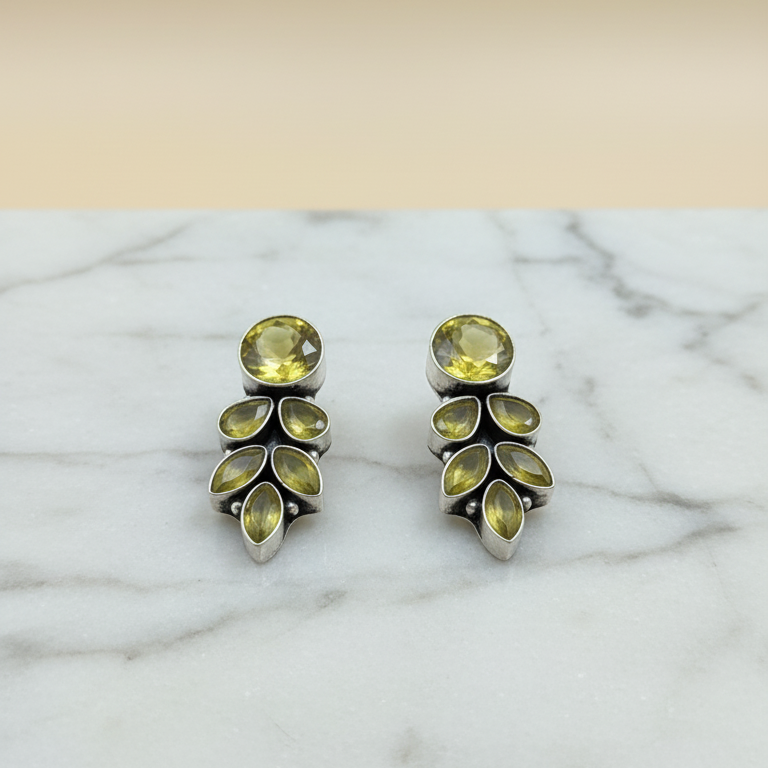 Oxidised Yellow Stone Earrings on a marble surface