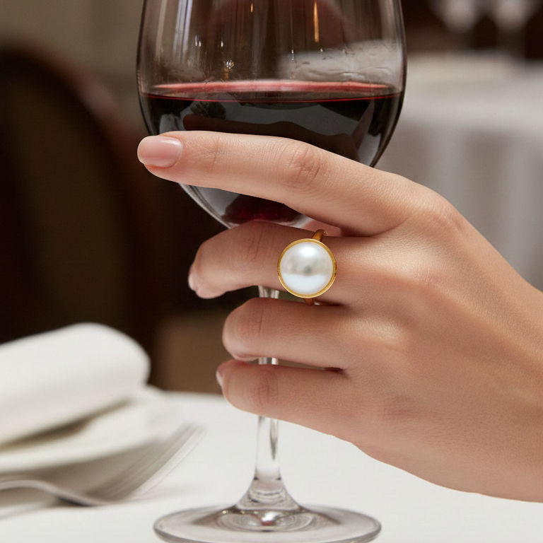 Hand holding a glass of red wine with a elegant prominent imitation pearl ring .