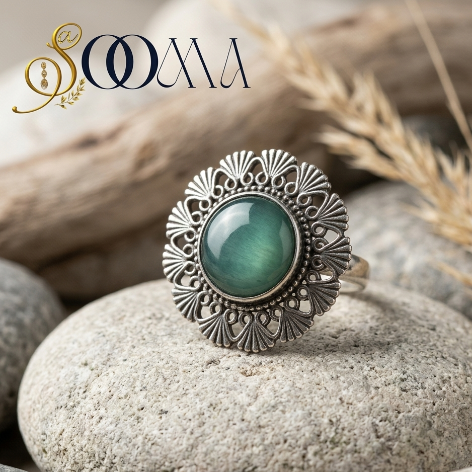 Silver ring with a green gemstone on a stone surface, featuring the brand 'Sooma'.