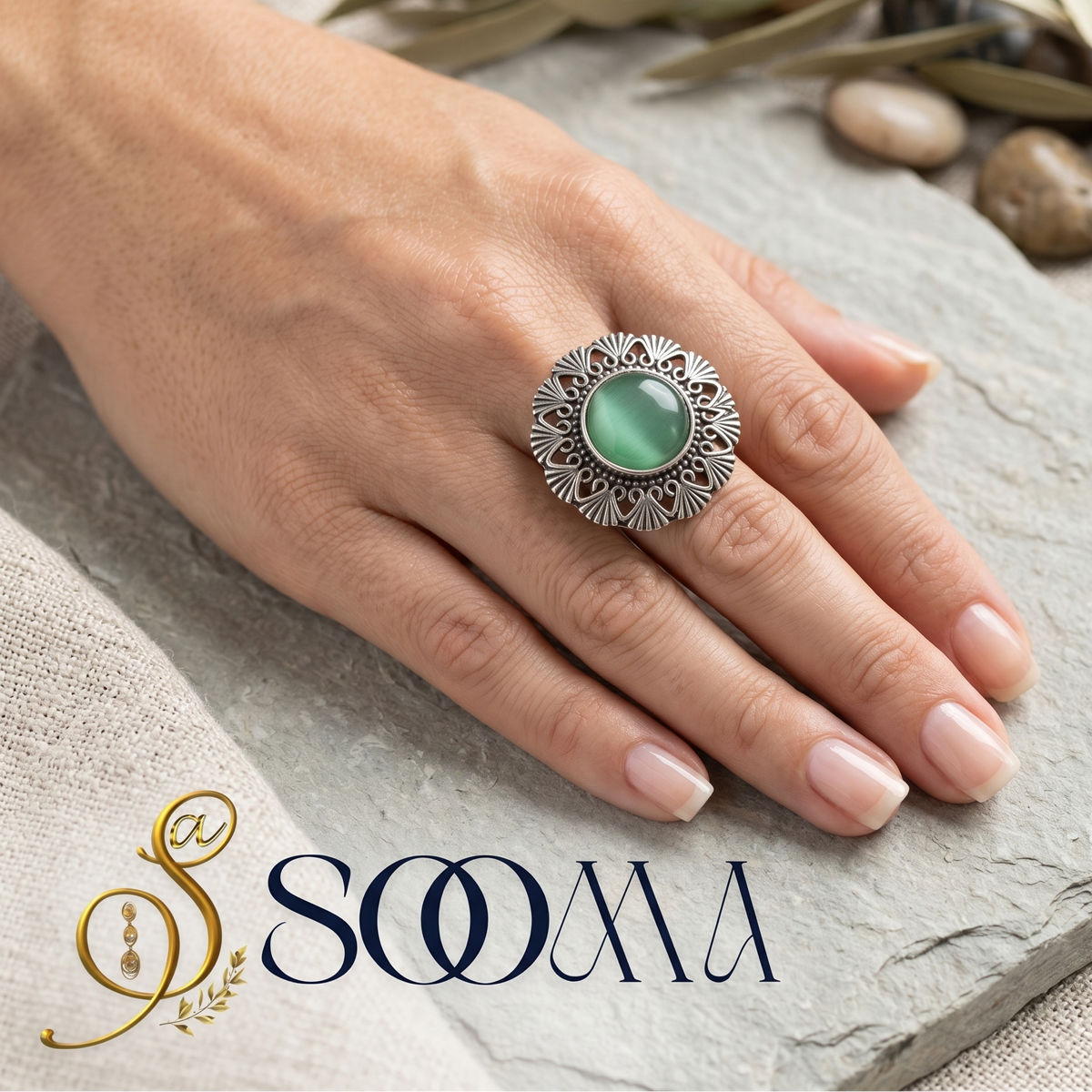 Elegant Brass Green Stone Ring | Working Woman Jewellery, SOOMA, RG00021