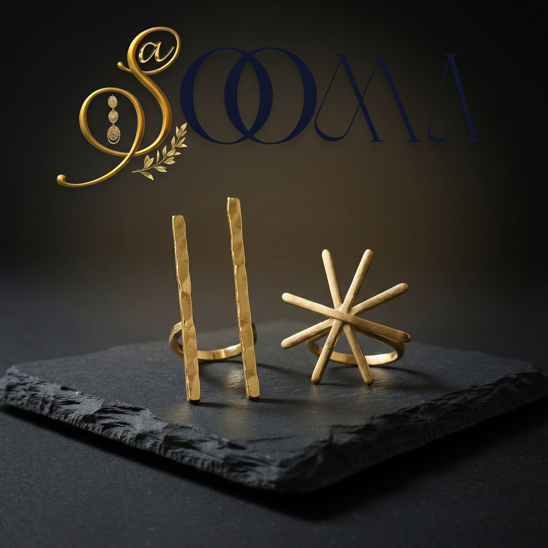 Two gold rings on a dark stone surface with 'Soom' branding above.
