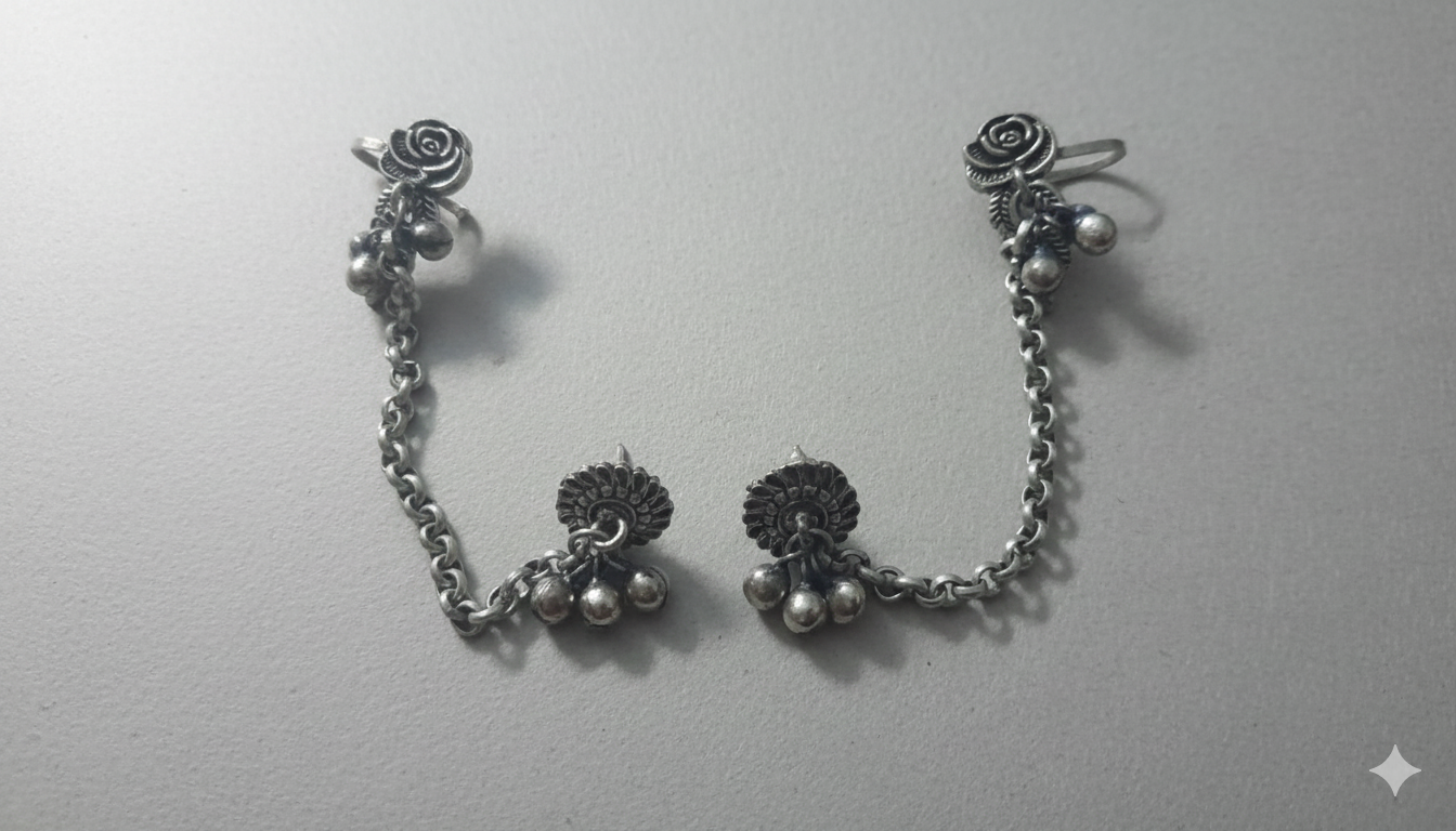 Elegant Rose Earcuff with Silver Chain | [SOOMA], EC00008