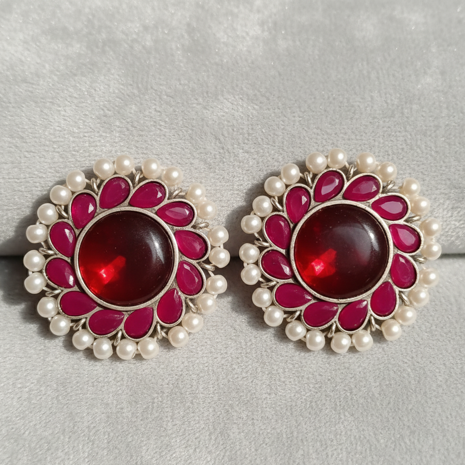 Red Oxidized Red Stone Stud Earrings