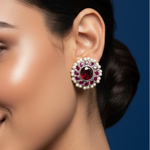 Close-up of a woman wearing a Classic Maroon Stone Big Stud Earring With All Around Pearl Detailing