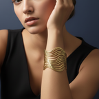 Woman wearing a Rust gold bold geometric bracelet, modern design for women.