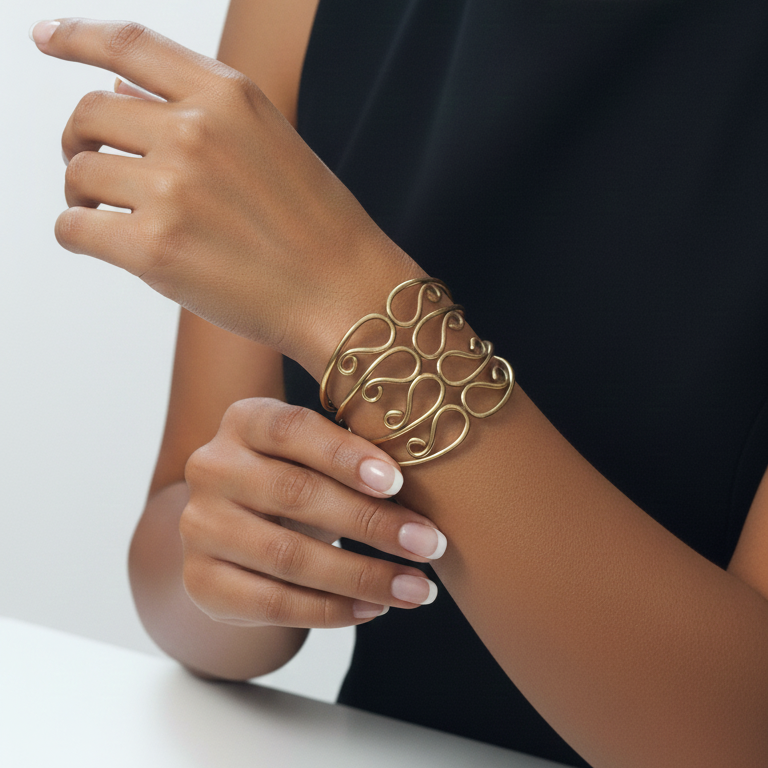 Rust gold bold chunky braceleton a person's wrist against a white background.