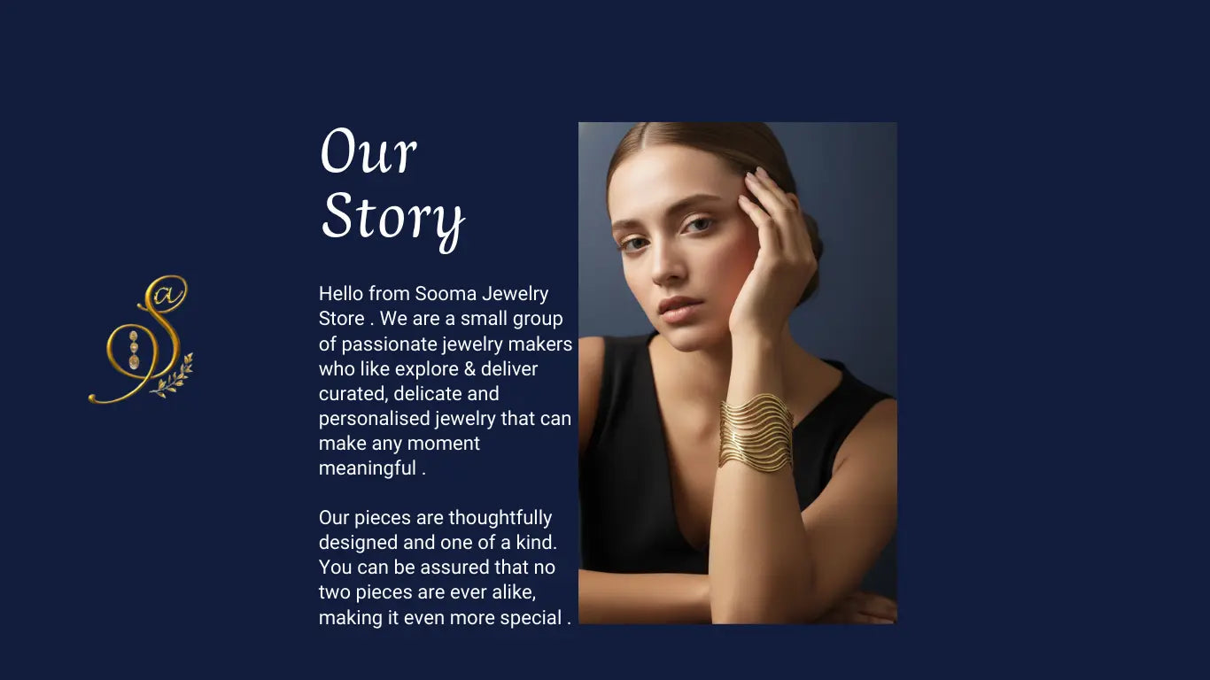 Woman wearing a gold bracelet with text about Sooma Jewelry Store on a blue background