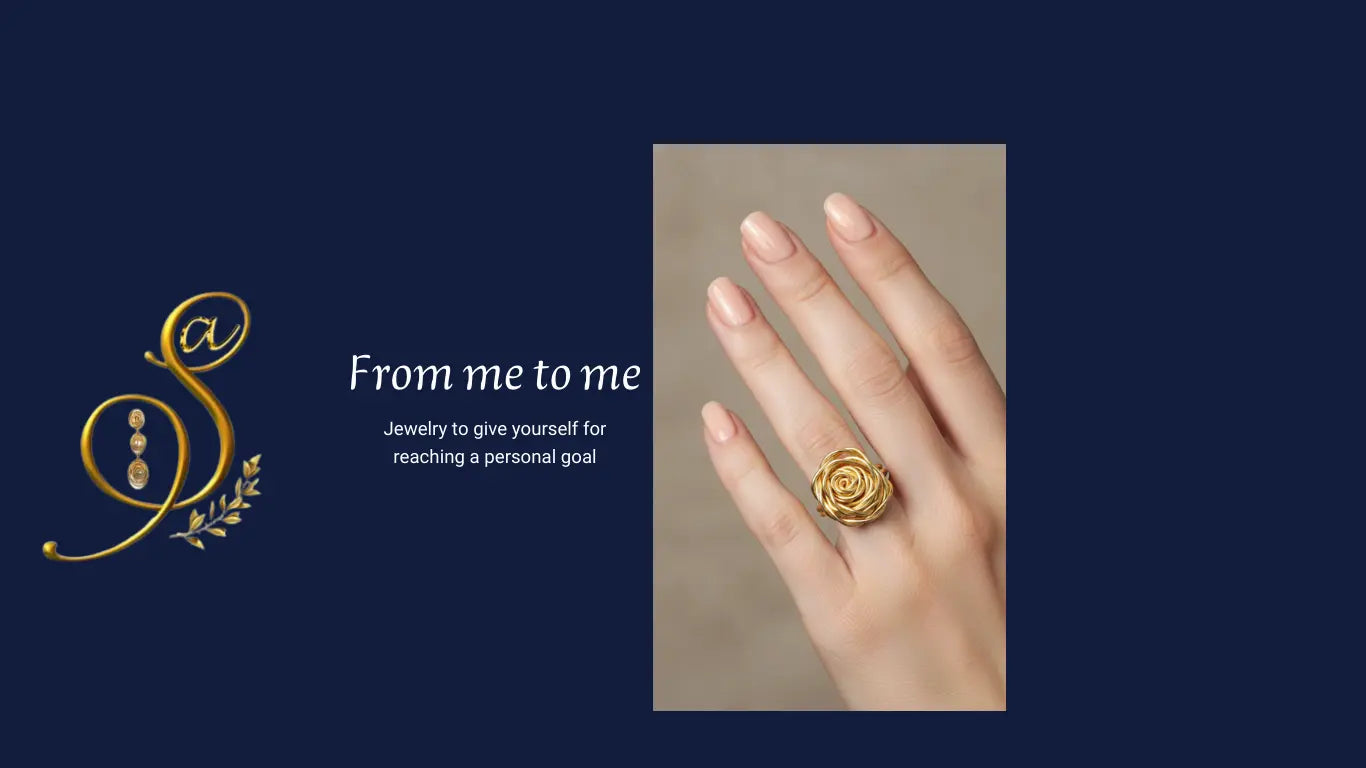 Gold ring on a hand with 'From me to me' jewelry brand text on a dark blue background