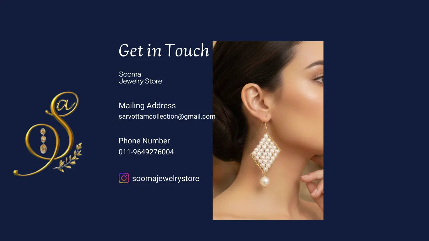 Contact information for Sooma Jewelry Store with an image of a woman wearing earrings.