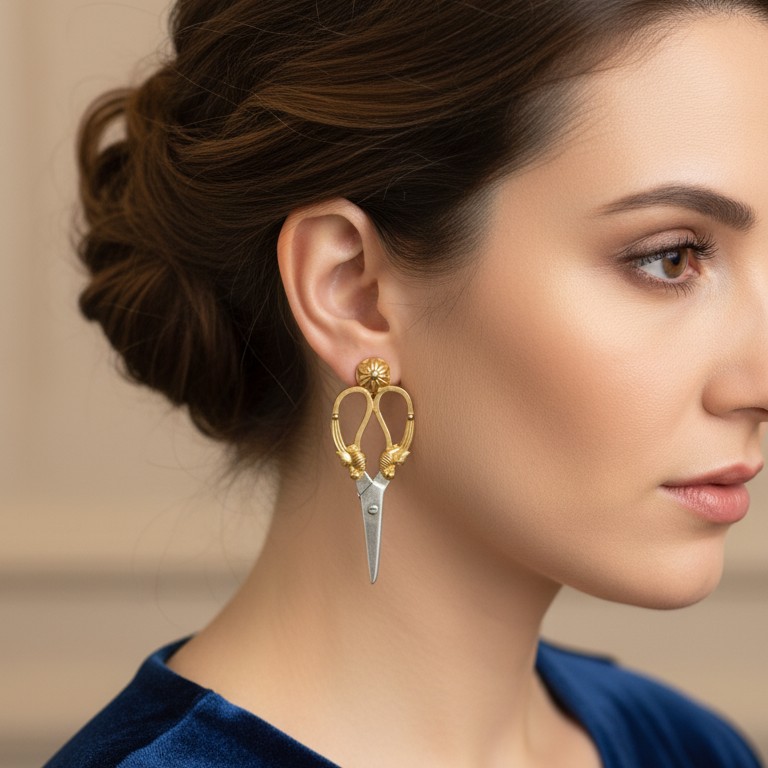 Woman wearing a unique scissors earring with a blue top 