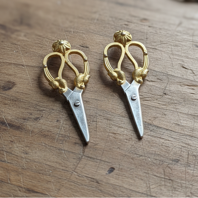 Pair of statement scissor earrings on a wooden surface