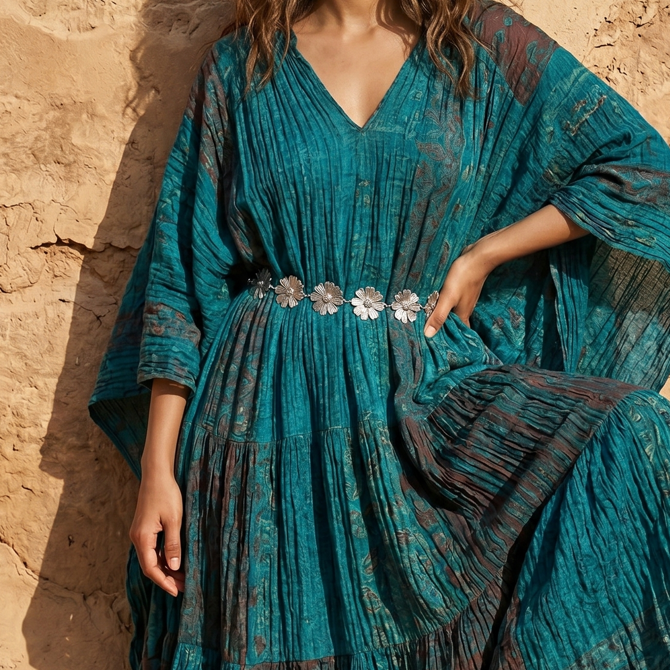 Woman in a blue dress with a delicate silver-toned floral waistbelt with intricate flower charms and adjustable chain