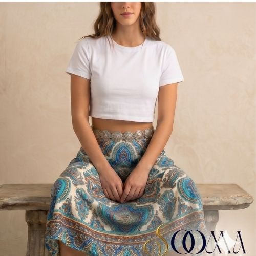 Person wearing sitting on a wooden bench & wearing waist chain adding a touch of glamour to professional attire