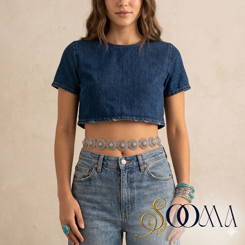 Person wearing a blue denim crop top and elegant waist chain adding a touch of glamour to professional attire