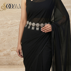 Black saree with a Oxidized Silver Waist Belt - Modern Kamarband