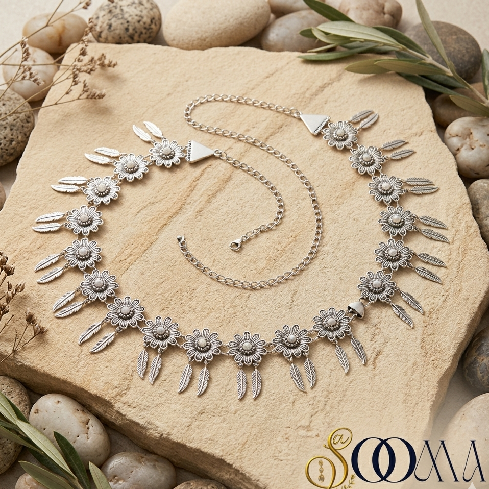 Silver waistbelt on a stone surface with a brand logo in the corner