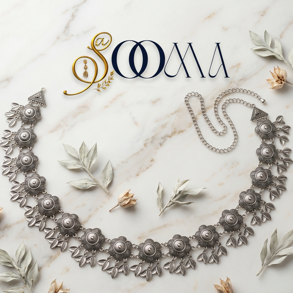 Decorative silver waist belt on a marble surface with 'SOOMA' branding.