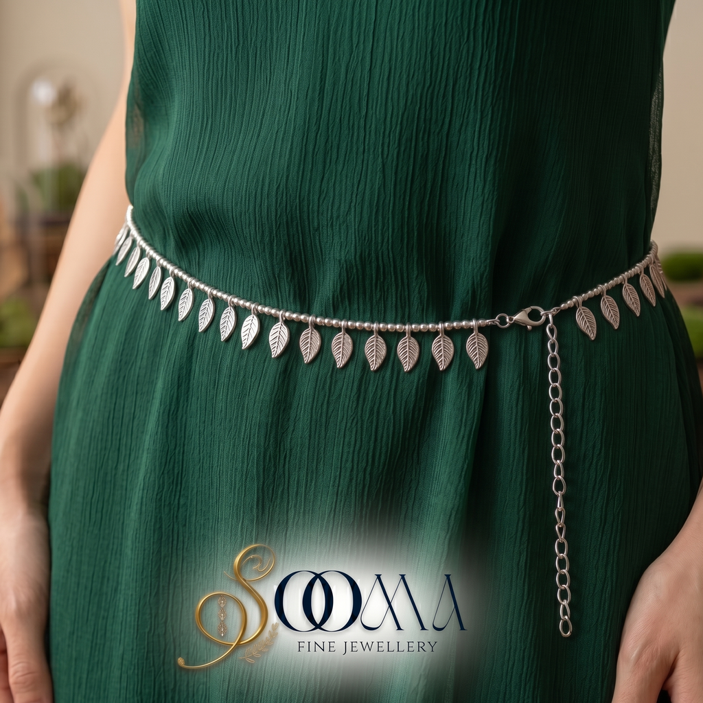 Silver leaf belt on a green dress with Soma Fine Jewellery logo.