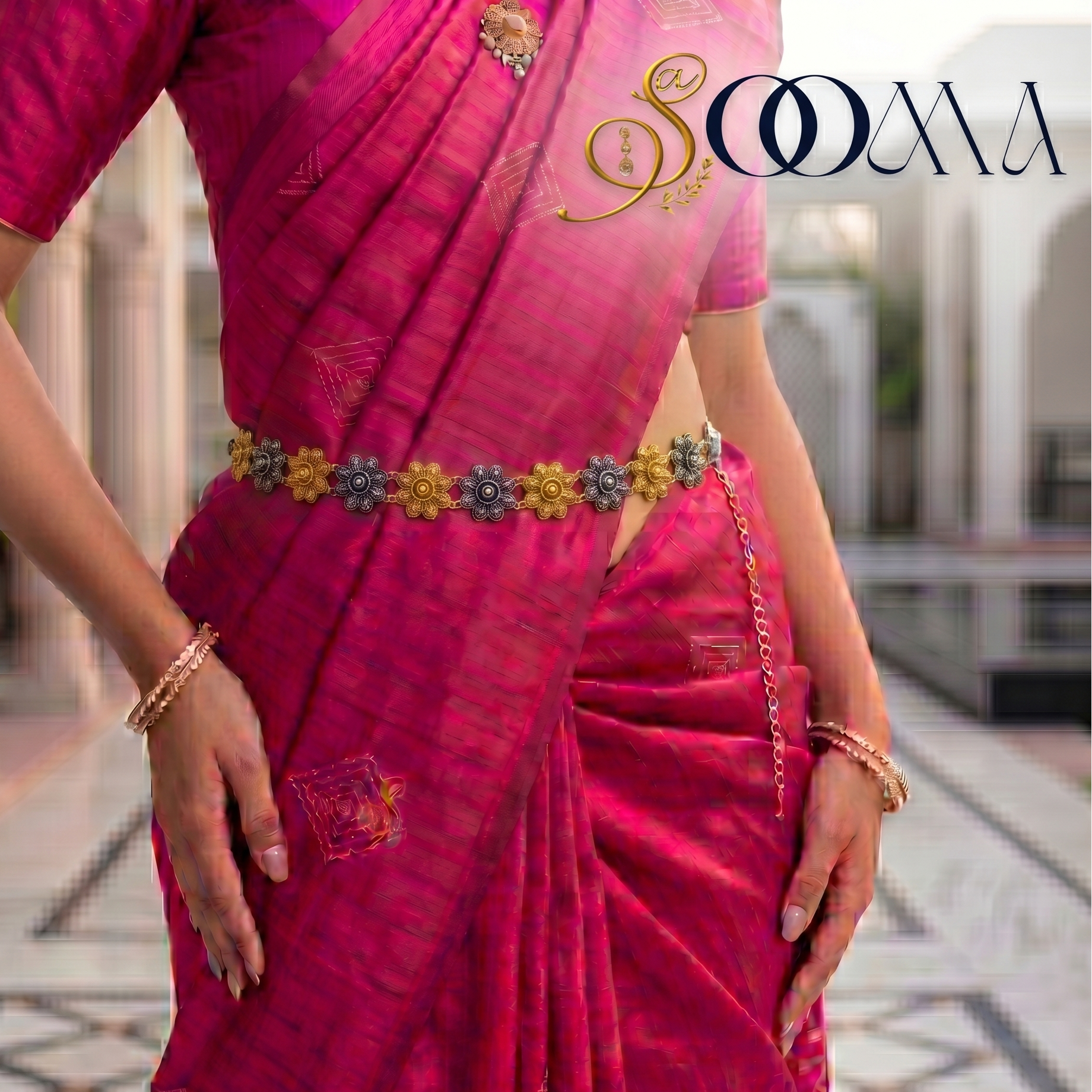 Person wearing a pink saree with Elegant waist belt adding definition to a woman's outfit.