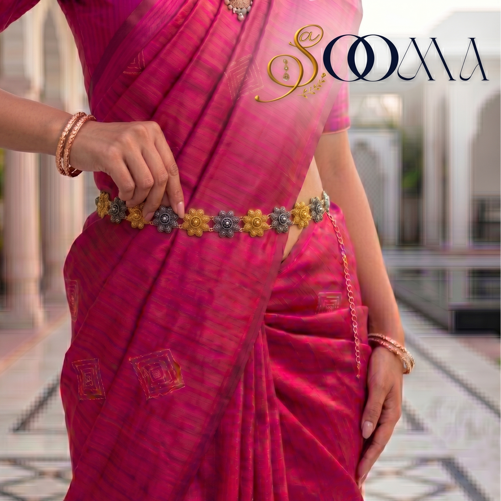 Person wearing a pink saree with elegant waist belt adding definition to a woman's outfit.