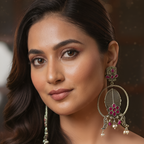 Close up of a Woman in a blue dress wearing long limited edition oxidised earrings collection.