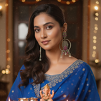 Woman in a blue dress wearing long limited edition oxidised earrings collection.