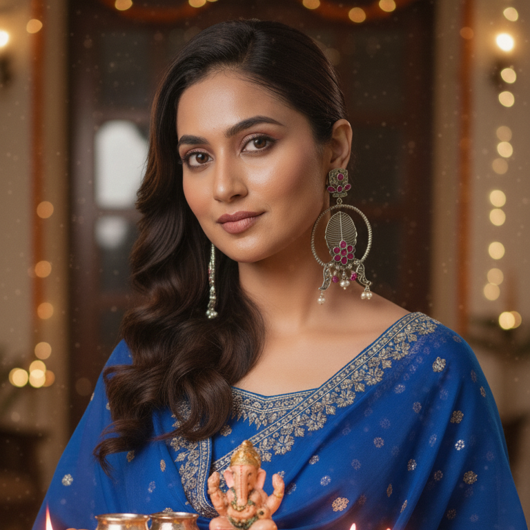 Woman in a blue dress wearing long limited edition oxidised earrings collection.