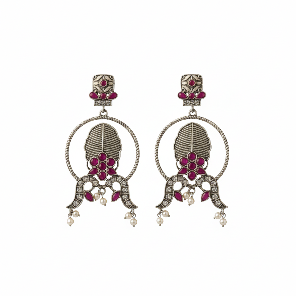 Ornate earrings with red gemstones and pearl-like elements on a white background