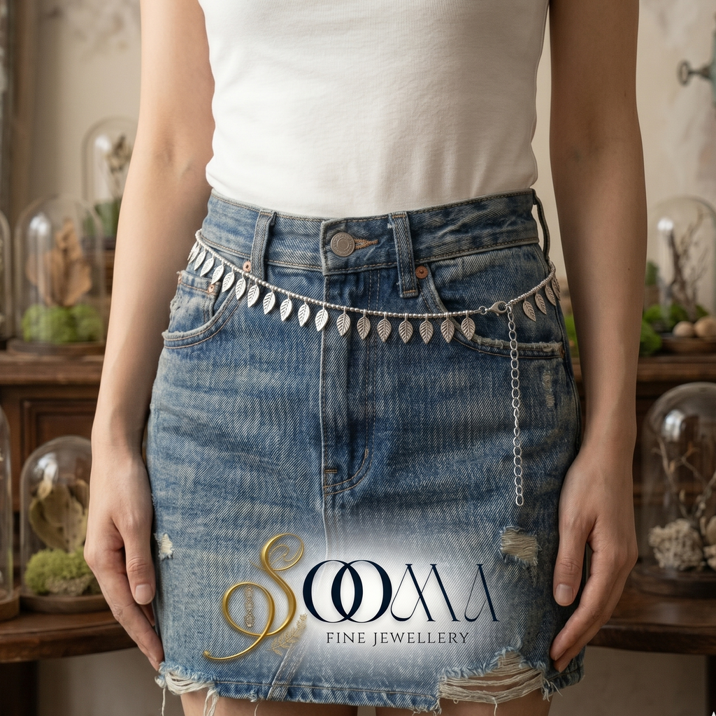 Person wearing a blue denim skirt with decorative waist chain.