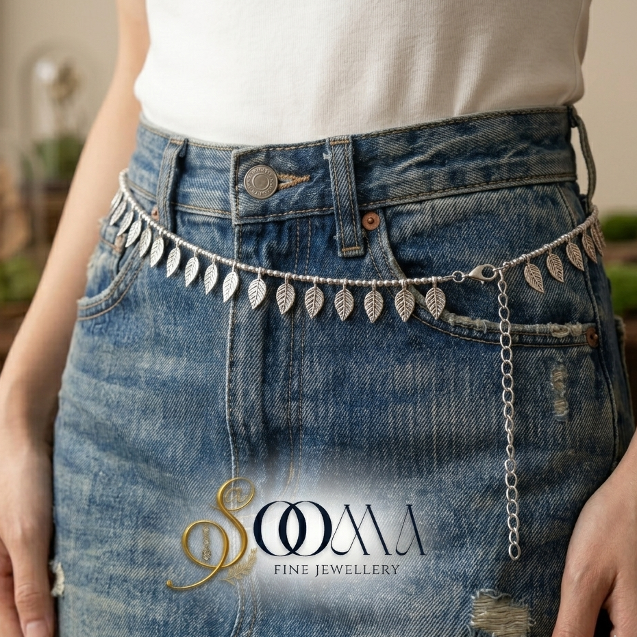 Person wearing a silver leaf belt with 'Sooma Fine Jewellery' logo.